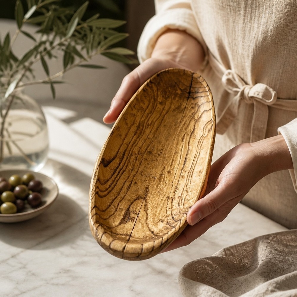 Olive Wood Dough Bowl Home Decor 13.5in Brown Very Good Hand-Carved